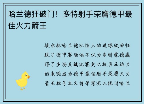 哈兰德狂破门！多特射手荣膺德甲最佳火力箭王