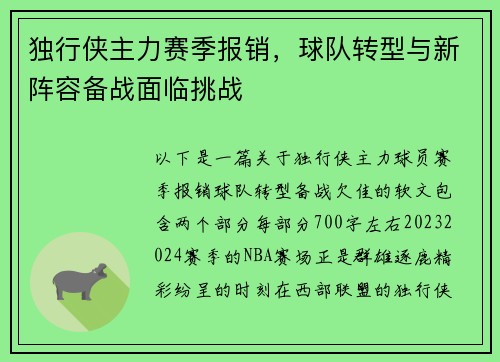独行侠主力赛季报销，球队转型与新阵容备战面临挑战